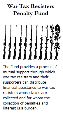 brochure cover from War Tax Resisters Penalty Fund, featuring image of a row of rifles gradually turning into a rose bush